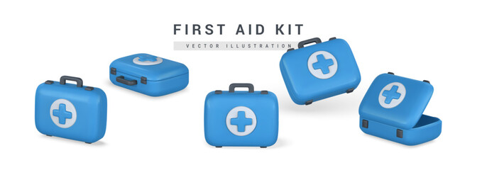 3d realistic first aid kit, emergency box in cartoon style. Hospital doctor care bag. Symbol of safety, urgency help. Pharmacy advertisement. Vector illustration