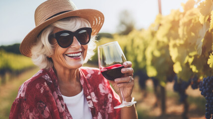 Grogeous fashionable senior tourist woman having fun in the wineyards. Red wine in glass - obrazy, fototapety, plakaty