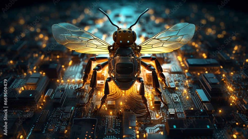 Poster a cluster of fireflies and the circuitry of a computer motherboard blended into an electrifying moti