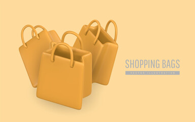 3d shopping bags banner in cartoon style. Discount, promotion, sale, shopping concept. Vector illustration