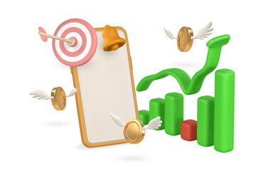 3d mobile phone with arrow up and graph in cartoon style. Success of business strategy. Manage money use phone. Success of business strategy. Vector illustration
