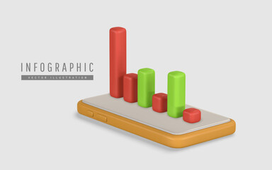 3d mobile phone with down graph in cartoon style. Success of business strategy. Manage money use phone. Success of business strategy. Vector illustration