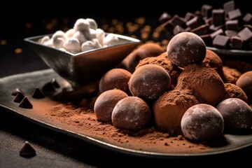 An assortment of chocolate balls and a dish of powdered cocoa. Generative AI