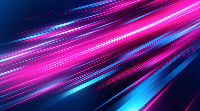 Blue pink and purple neon glow laser beam light lines moving fast, digital, high speed internet, cyberpunk, techonogy backdrop. futuristic abstract background.