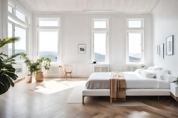 Fototapeta na wymiar A minimalistic room with stark white walls and sleek, unadorned furniture. The room exudes an air of tranquility and simplicity, making it a perfect oasis of calm