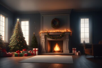 A christmas tree and fireplace. Generative AI