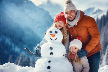 A father with children makes a snowman in the winter mountains. Have fun with dad and two daughters. Happy carefree childhood, travel on winter holidays. Generative AI.