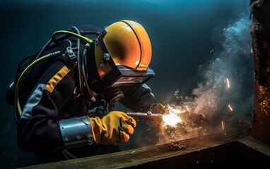 Underwater welding work wearing diving equipment. - obrazy, fototapety, plakaty