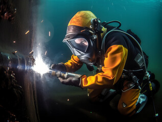 Underwater welding work wearing diving equipment.