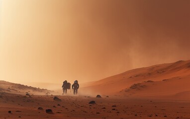 Astronaut workers wearing space suit walking on a surface of a red planet. Mars colonization concept. Dust storm in the background.