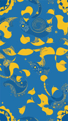 Flat 2D Vector Seamless Pattern: Cartoon Starry Night and Cempaka Flowers