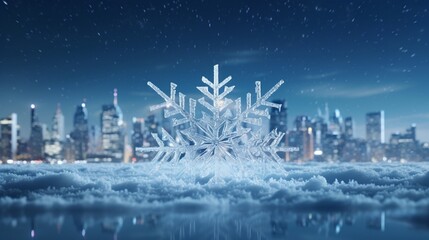 A microscopic view of a snowflake and a city skyline at night seamlessly combined. - obrazy, fototapety, plakaty