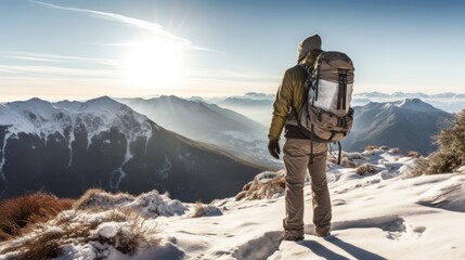 Male tourist went hiking in the mountains in the winter season. Beautiful views of nature. Solo hike. A guy with a big backpacker is traveling. Rear view. Generative AI.