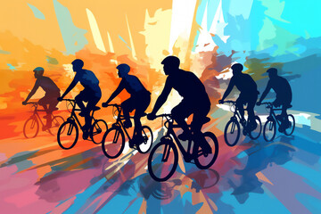 A diverse group of female and male cyclists from road racers, ebike riders and mountain bikers shown in a contemporary athletic abstract design, computer Generative AI stock illustration image