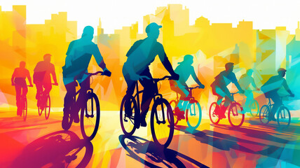 A diverse group of female and male cyclists from road racers, ebike riders and mountain bikers shown in a contemporary athletic abstract design, computer Generative AI stock illustration image - obrazy, fototapety, plakaty