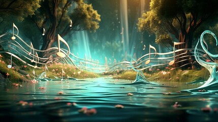 A scroll of music notes harmoniously integrated with a flowing river, creating a visual melody.