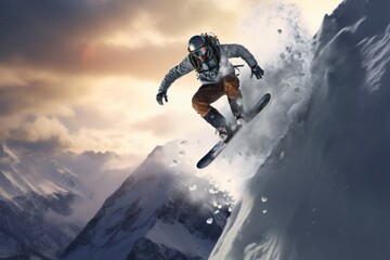 Fototapeta na wymiar A male snowboarder rides down the mountain in winter and enjoys the views of mountain peaks and nature. Ski resort. The guy is a freerider athlete - a dangerous kind of winter sport. Generative AI.