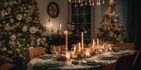 Christmas eve dinner by Christmas tree, festive spirit