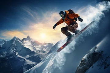 Fotobehang A male snowboarder rides down the mountain in winter and enjoys the views of mountain peaks and nature. Ski resort. The guy is a freerider athlete - a dangerous kind of winter sport. Generative AI. © Nikolai