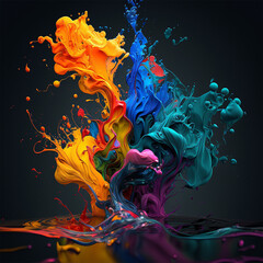 Abstract background with colorful flow of fluid splash material, dripping multi colored rainbow, liquid mix, explosion of paint isolated on dark background