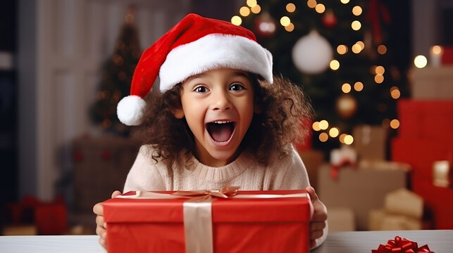 Excited Happy Child Kid Girl Wears Santa Hat Holds Xmas Gift Box, Opens Christmas Present On Computer Video Call Virtual Meeting Chat With Family, Social Distance Friend Sits On Sofa At Home.