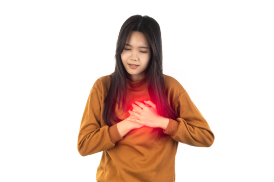 Asian Young Woman having heart attack disease or Painful cramps, Severe heartache, Heart disease, Pressing on chest with painful expression isolated on white background with clipping path.