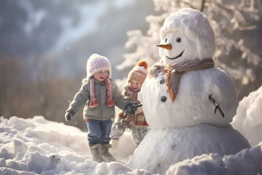 Happy children make a snowman in the winter forest. Have fun as a kid on holidays. Creative postcard for winter holidays. Generative AI. - Powered by Adobe