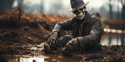 A skeleton lay on the spooky ground. Skeleton like death by Generative AI