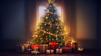 Fototapeta na wymiar Trendy festive xmas christmas christian jesus tree scene vector illustration wallpaper,christmas tree and gifts,AI Generative 