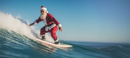 Santa Claus catching a wave on a vibrant surfboard in the tropical ocean, Surfing Santa concept - obrazy, fototapety, plakaty