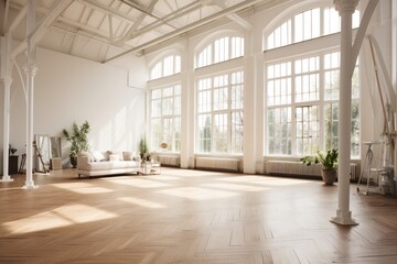 Fototapeta premium Realistic photo of bright apartment hall with big windows and light hall inside. Empty room with wooden floor