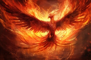 Artistic interpretation of a fiery phoenix rising from ashes. - obrazy, fototapety, plakaty