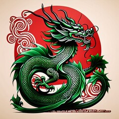 Fototapeta premium Green dragon on red background with leaves and flowers on his head new year 2024 year of the green