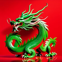 Fototapeta premium Green dragon on red background with leaves and flowers on his head new year 2024 year of the green