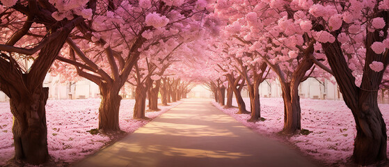 Pink flower trees form a romantic tunnel.