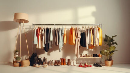 Rack with bright stylish clothes, shoes and accessories near light grey wall indoors.