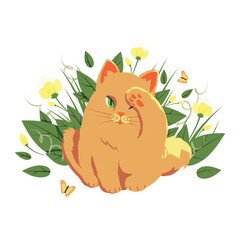 Cute ginger cat washing its face while sitting in grass with yellow flowers and butterflies. Adorable isolated vector illustration for prints, stickers, kids' books, and branding