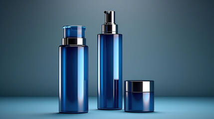Set blue cosmetic bottles packaging mockup. - obrazy, fototapety, plakaty