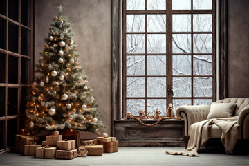 Christmas tree and presents in a room with a large window