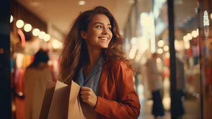 Woman in shopping. Happy woman with shopping bags enjoying in shopping. Consumerism, shopping, lifestyle concept. - obrazy, fototapety, plakaty