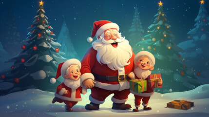 cartoon santa claus and kids with christmas tree