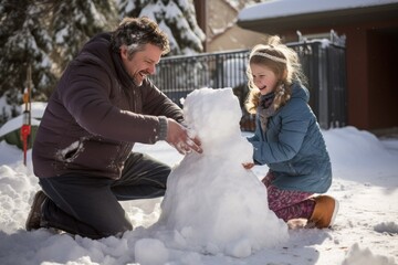 Candid shot of a father and daughter building a snowman together.
