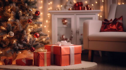 Obraz premium christmas tree with presents in living room