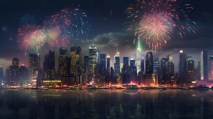 Celebrating the New Year: Sparkling Joy with Firework over New York in the Night