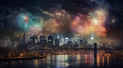Celebrating the New Year: Sparkling Joy with Firework over New York in the Night