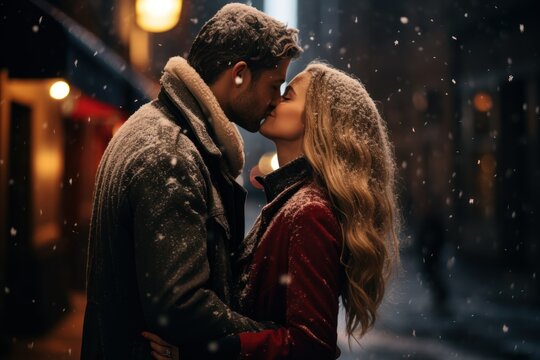 Candid shot of a couple sharing a kiss under falling snowflakes.