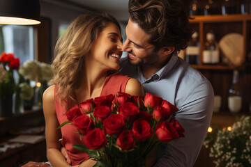 loving couple exchanging bouquets of fresh flowers on a Valentine's Day