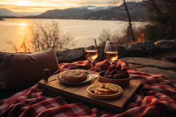 cozy picnic with a blanket, wine, and a stunning view on a Valentine's Day