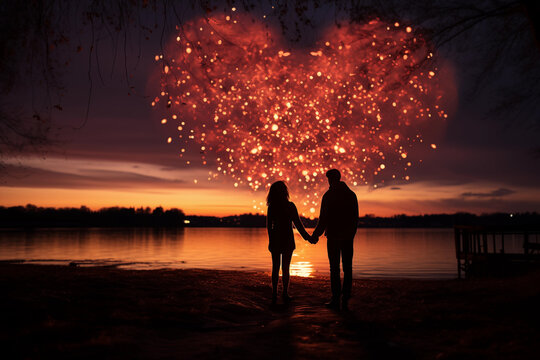 heart-shaped fireworks lighting up the night sky on a Valentine's Day
