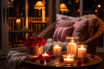 cozy and intimate setting with softly lit candles creating a warm and inviting atmosphere on a Valentine's Day. - obrazy, fototapety, plakaty